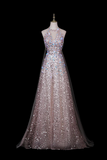 A sleeveless floor-length evening gown displayed on a mannequin against a black background. The dress features a halter-style neckline, a fitted bodice, and a full skirt heavily embellished with iridescent sequins and beadwork that catch the light with pastel rainbow reflections.