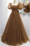 Brown A-line Tulle Square Neck Puff Sleeve Prom Gown, Lovely Floor Length Evening Dress
