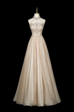 Champagne Halter Sequin Gown with Beaded Bodice & Layered Tulle Skirt
