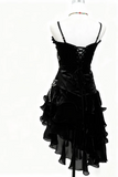 Black gothic-style mini dress with spaghetti straps, lace-up back, and layered ruffle skirt, displayed on a white mannequin torso against a white background.