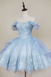 Off-the-Shoulder Blue Lace Applique Short Homecoming Dress
