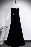 Black Velvet Off-Shoulder Long Sleeve Evening Gown with Crystal Trim

