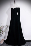 Black Velvet Off-Shoulder Long Sleeve Evening Gown with Crystal Trim
