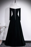 Black Velvet Off-Shoulder Long Sleeve Evening Gown with Crystal Trim
