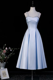 Light Blue Satin A-Line Midi Dress with Crystal & Pearl Embellished Square Neck
