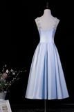 Light Blue Satin A-Line Midi Dress with Crystal & Pearl Embellished Square Neck
