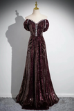 Burgundy Sequin Off-Shoulder Mermaid Evening Gown with Crystal Trim & Corset Back
