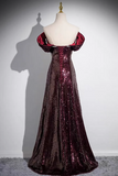 Burgundy Sequin Off-Shoulder Mermaid Evening Gown with Crystal Trim & Corset Back

