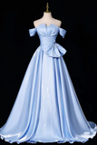 Off the Shoulder Blue Satin Full Long Prom Dresses, Off Shoulder Full Blue Long Formal Evening Dresses
