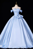 Off the Shoulder Blue Satin Full Long Prom Dresses, Off Shoulder Full Blue Long Formal Evening Dresses
