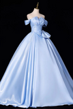 Off the Shoulder Blue Satin Full Long Prom Dresses, Off Shoulder Full Blue Long Formal Evening Dresses
