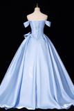 Off the Shoulder Blue Satin Full Long Prom Dresses, Off Shoulder Full Blue Long Formal Evening Dresses
