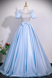 Light Blue Square Neck Ball Gown with Crystal Beaded Bodice
