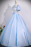 Light Blue Square Neck Ball Gown with Crystal Beaded Bodice
