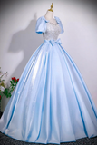 Light Blue Square Neck Ball Gown with Crystal Beaded Bodice
