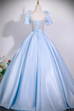 Light Blue Square Neck Ball Gown with Crystal Beaded Bodice
