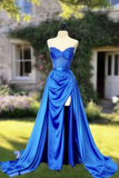 Mermaid Beaded V Neck Satin Dress With Slit
