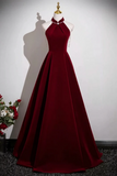 Wine Red Velvet Halter A-line Prom Dress Evening Dress, Simple Long Velvet Formal Dress
