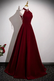 Wine Red Velvet Halter A-line Prom Dress Evening Dress, Simple Long Velvet Formal Dress
