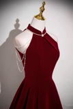 Wine Red Velvet Halter A-line Prom Dress Evening Dress, Simple Long Velvet Formal Dress

