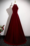 Wine Red Velvet Halter A-line Prom Dress Evening Dress, Simple Long Velvet Formal Dress
