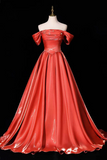 Orange Satin Off-Shoulder Ball Gown with Ruched Bodice & Lace-Up Back – Shiny Formal Dress
