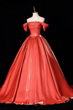Orange Satin Off-Shoulder Ball Gown with Ruched Bodice & Lace-Up Back – Shiny Formal Dress

