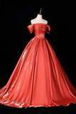Orange Satin Off-Shoulder Ball Gown with Ruched Bodice & Lace-Up Back – Shiny Formal Dress
