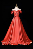 Orange Satin Off-Shoulder Ball Gown with Ruched Bodice – Shiny Formal Dress
