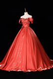 Orange Satin Off-Shoulder Ball Gown with Ruched Bodice – Shiny Formal Dress
