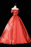 Orange Satin Off-Shoulder Ball Gown with Ruched Bodice – Shiny Formal Dress
