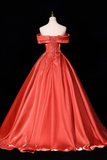Orange Satin Off-Shoulder Ball Gown with Ruched Bodice – Shiny Formal Dress
