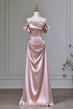 A-line Pink Off Shoulder Satin Long Party Dress Prom Dress, Pink Strapless Long Evening Dress
