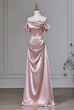 A-line Pink Off Shoulder Satin Long Party Dress Prom Dress, Pink Strapless Long Evening Dress

