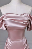 A-line Pink Off Shoulder Satin Long Party Dress Prom Dress, Pink Strapless Long Evening Dress
