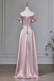 A-line Pink Off Shoulder Satin Long Party Dress Prom Dress, Pink Strapless Long Evening Dress
