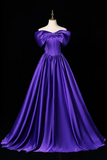 Royal Purple Satin Off-Shoulder Ball Gown with Dramatic Bow, Structured Corset Evening Dress
