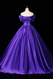 Royal Purple Satin Off-Shoulder Ball Gown with Dramatic Bow, Structured Corset Evening Dress
