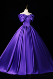 Royal Purple Satin Off-Shoulder Ball Gown with Dramatic Bow, Structured Corset Evening Dress
