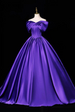 Royal Purple Satin Off-Shoulder Ball Gown with Dramatic Bow, Structured Corset Evening Dress
