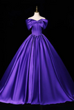 Royal Purple Satin Off-Shoulder Ball Gown with Dramatic Bow, Structured Corset Evening Dress
