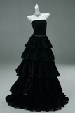 Custom Made Strapless Tiered Black Burgundy Velvet Prom Dress, Floor Length Ruffled Long Formal Evening Dress
