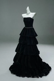 Custom Made Strapless Tiered Black Burgundy Velvet Prom Dress, Floor Length Ruffled Long Formal Evening Dress
