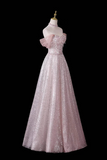 Pink Sequin Off-Shoulder Ball Gown – Beaded Floral Bodice with Detachable Tulle Sleeves, Custom Fit
