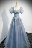 Dusty Blue Sparkly Lace Appliques Prom Dress, Puff Short Sleeve Square Neck A Line Formal Evening Dresses