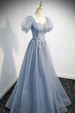 Dusty Blue Sparkly Lace Appliques Prom Dress, Puff Short Sleeve Square Neck A Line Formal Evening Dresses