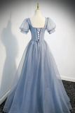 Dusty Blue Sparkly Lace Appliques Prom Dress, Puff Short Sleeve Square Neck A Line Formal Evening Dresses