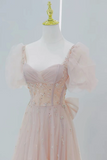 Short Sleeves Light Champagne Pink Beaded Tulle Long Prom Dresses, Pale Champagne Pink Long Formal Evening Dresses
