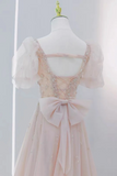 Short Sleeves Light Champagne Pink Beaded Tulle Long Prom Dresses, Pale Champagne Pink Long Formal Evening Dresses
