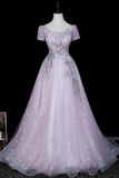 Elegant A-line Floral Lace Short Sleeves Tulle Prom Dress, Glitter Tulle Evening Dress Party Dress
